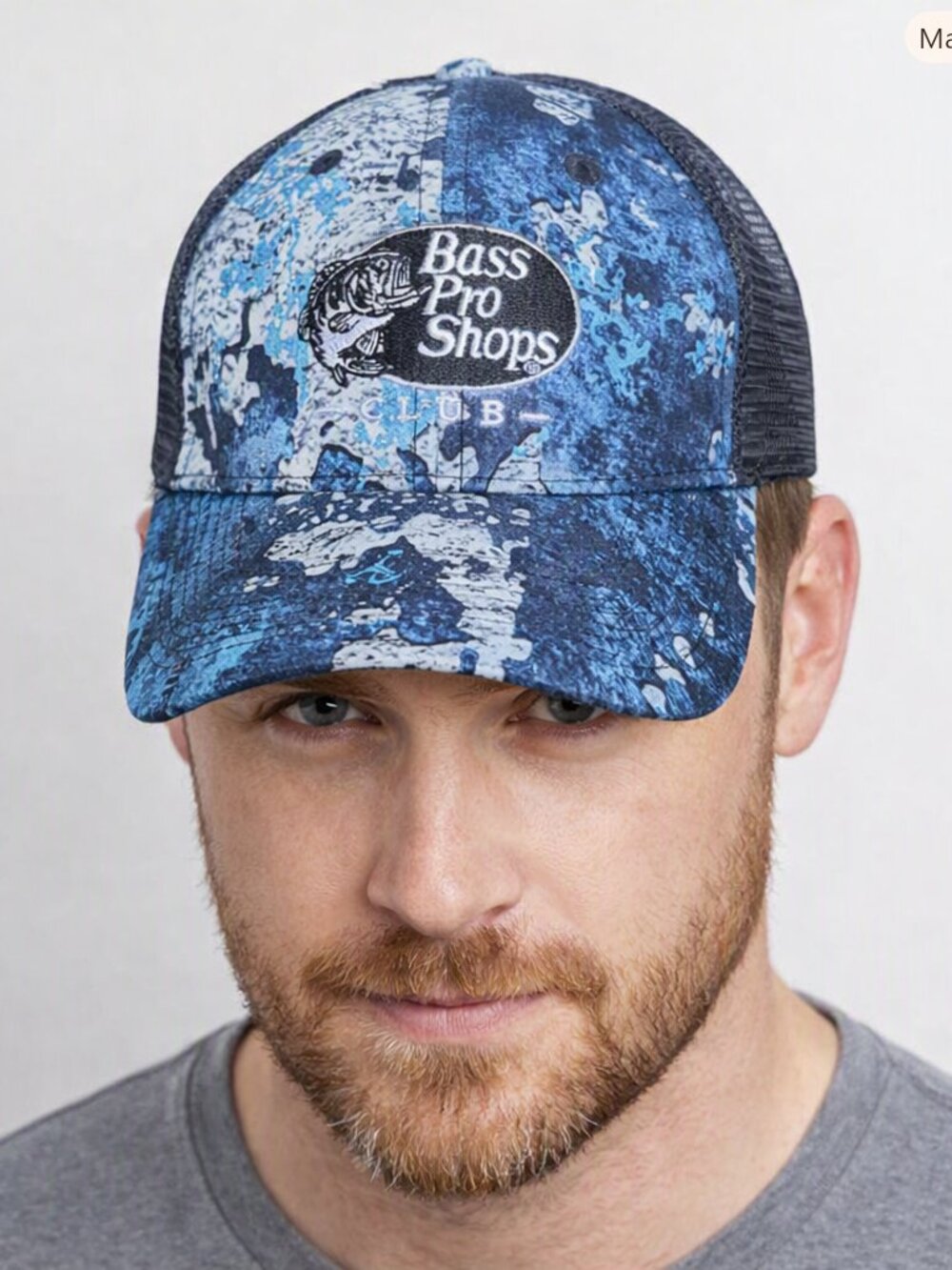 Bass Pro Shops Hat Cap Trucker Style snap back blue camouflage fishing hunting